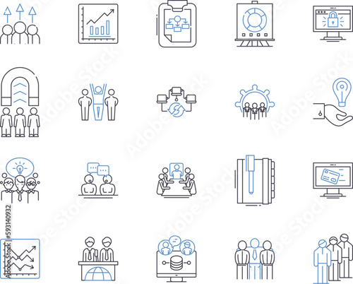 Business meeting outline icons collection. Business, Meeting, Conference, Gather, Committee, Strategy, Network vector and illustration concept set. Plan, Agenda, Negotiate linear signs