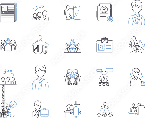 Company office outline icons collection. Office, Company, Business, Building, Space, Room, Suite vector and illustration concept set. Desk, Chair, Computer linear signs