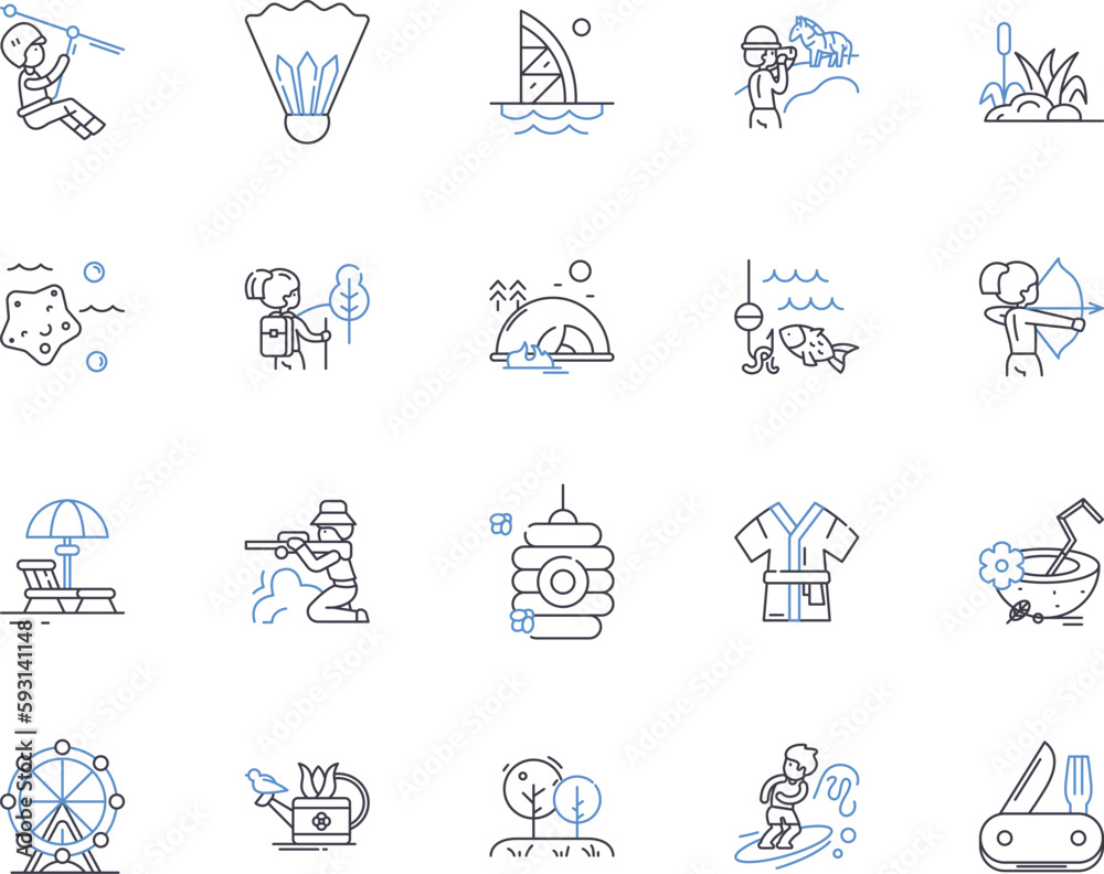 Summer trip outline icons collection. Tour, Vacation, Holiday, Getaway, Trip, Adventure, Sightseeing vector and illustration concept set. Picnic, Camping, Exploring linear signs