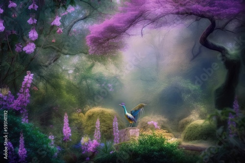 fairytale bird creature in the forest. distinct generative AI image.