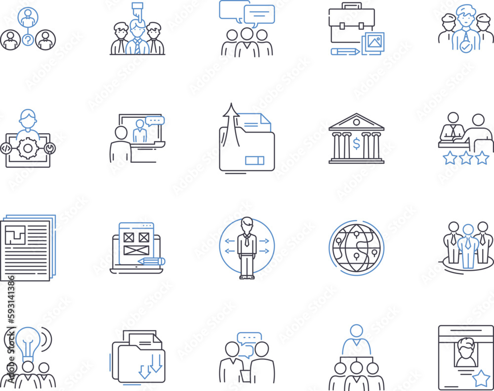 Investment company outline icons collection. Investment, Company, Banking, Funds, Assets, Stocks, Securities vector and illustration concept set. Bonds, Risk, Gain linear signs
