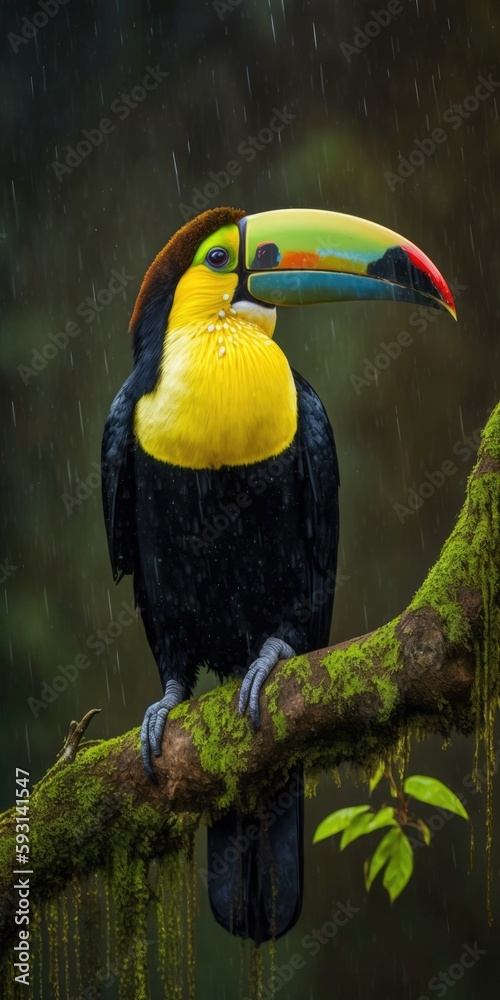 Famous tropical bird with enormous beak,Keel billed toucan, Ramphastos sulfuratus, perched on a