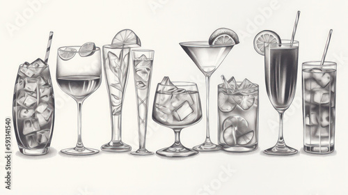 Set of hand drawn cocktails, with garnishments, straws,  ice cubes, variety of drinking glasses. Graphite pencil