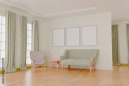Photo frame mock up.living room design. empty room design interio. 3d rendering