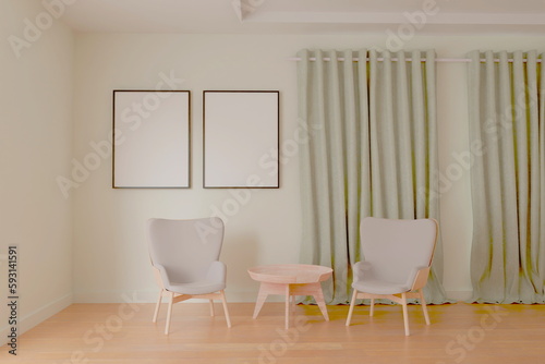Photo frame mock up.living room design. empty room design interio. 3d rendering