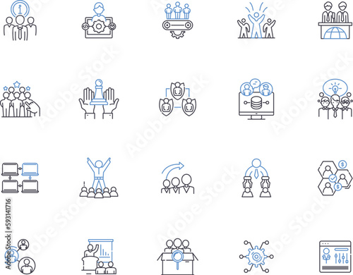 Conference outline icons collection. Meeting, Event, Gathering, Seminar, Summit, Forum, Retreat vector and illustration concept set. Assembly, Symposium, Expo linear signs photo