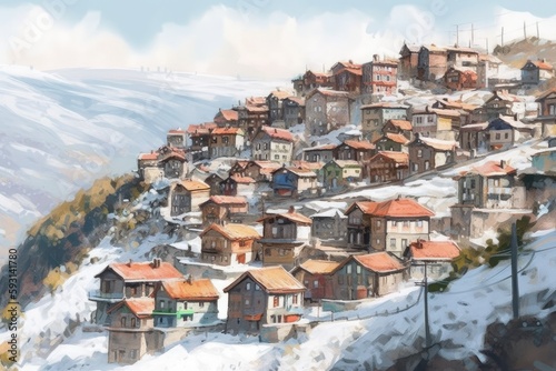 snowy mountain village painting. Generative AI