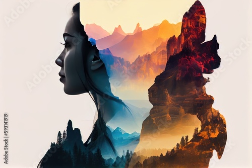 Double exposure face of Asian woman with Zhang jia jie mountain. distinct generative AI image. photo