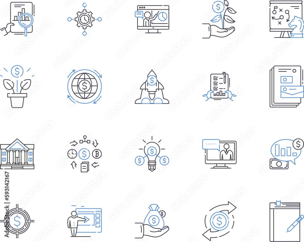 Business and accounting outline icons collection. Finance, Accounting, Taxes, Management, BB, Marketing, Banking vector and illustration concept set. Business, Auditing, Budgeting linear signs