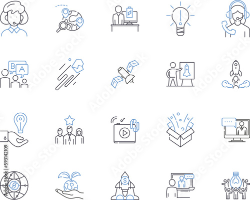 Innovation business outline icons collection. Entrepreneurship, Disruptive, Optimization, Development, Collaboration, Technology, Transformation vector and illustration concept set. Strategy, Future
