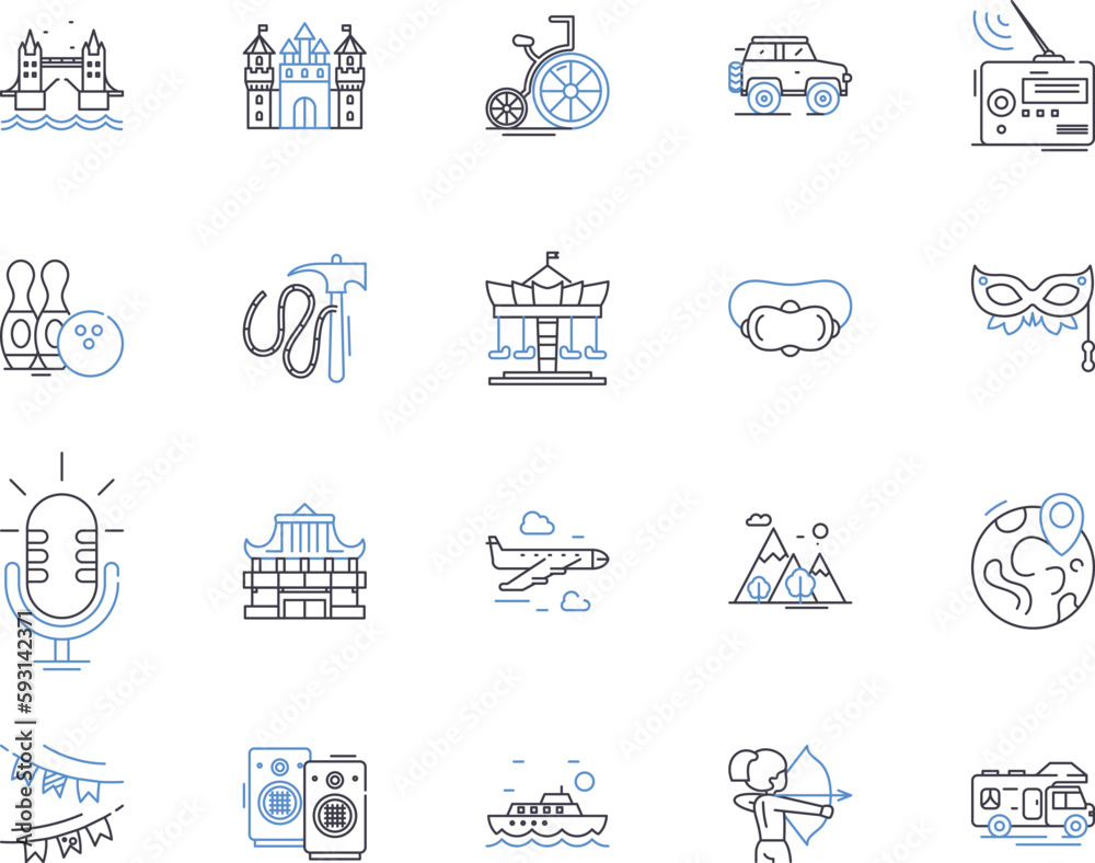 Travel and active people outline icons collection. Travellers, Active, Adventurers, Explorers, Trekkers, Hikers, Nomads vector and illustration concept set. Wanderers, Journeyers, Excursionists linear