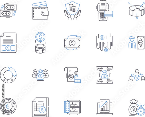 Finance business outline icons collection. Accounting, Taxation, Investment, Banking, Budgeting, Auditing, Loans vector and illustration concept set. Funds, Insolvency, Forex linear signs