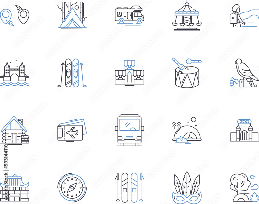Tour operator outline icons collection. Tour, Operator, Travel, Agency, Vacation, Trip, Guide vector and illustration concept set. Adventure, Packages, Booking linear signs