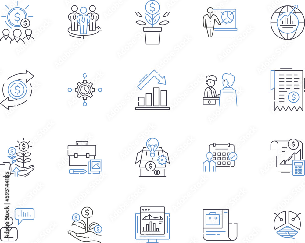 Accounting and finance outline icons collection. Accounting, Finance, Bookkeeping, Auditing, Taxation, Budgeting, CPA vector and illustration concept set. GAAP, Assets, Liabilities linear signs