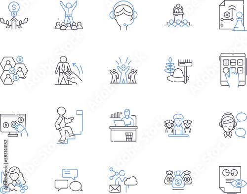 Employee progress outline icons collection. Employee, Progress, Development, Tracking, Monitoring, Growth, Evaluation vector and illustration concept set. Assessment,Goal-setting,Improvement linear