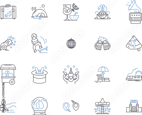 Travel and active people outline icons collection. Travellers, Active, Adventurers, Explorers, Trekkers, Hikers, Nomads vector and illustration concept set. Wanderers, Journeyers, Excursionists linear