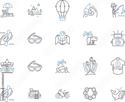 Summer holidays outline icons collection. Sun, Vacation, Heat, Enjoyment, Coconut, Swimming, Sea vector and illustration concept set. Picnic, Camping, Friends linear signs