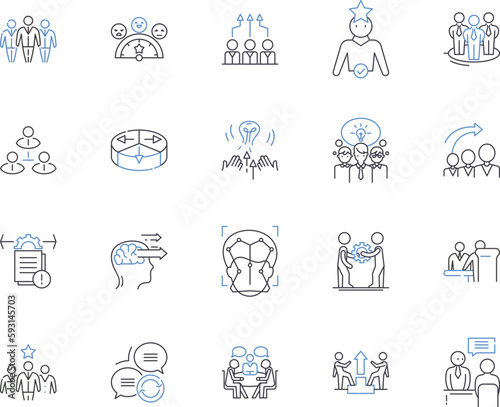 Company team outline icons collection. Company, Team, Corporate, Group, Staff, Members, Employees vector and illustration concept set. Colleagues, Executives, Managers linear signs