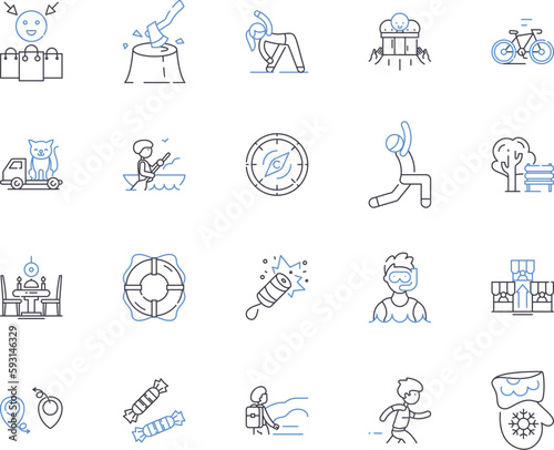 Free time and trips outline icons collection. Leisure, Vacation, Freedom, Holidays, Excursion, Outings, Playtime vector and illustration concept set. Adventures, Travel, Journeys linear signs