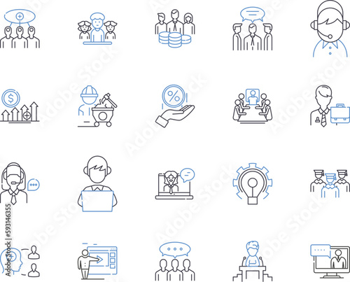 Employee labor outline icons collection. Employees, Labor, Employment, Working, Staff, Wage, Contract vector and illustration concept set. Jobs, Salaries, Hiring linear signs