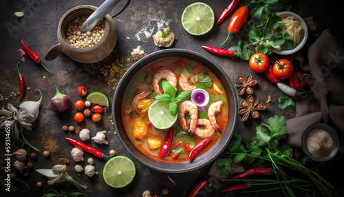 Tom Yum Kung with coconut milk the famous Thai dish and food menu with ingredients for cooking on wooden table background. Cuisine and gourmet concept. Generative AI