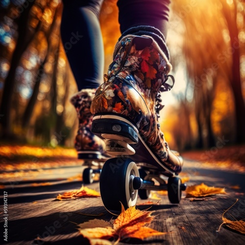 Active leisure. A sportive girl is rollerblading in an autumn park.