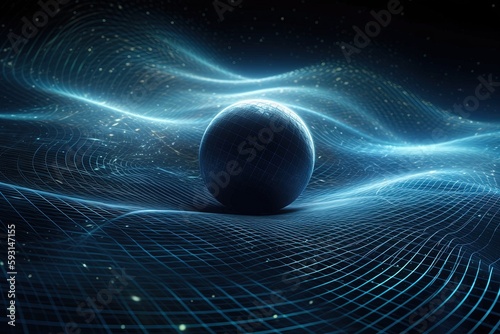 Gravity planet earth, gravitational waves concept. Physical and technology background. Design with gravity grid and spheres, line warp, Curved spacetime. In general theory relativity. Generative AI