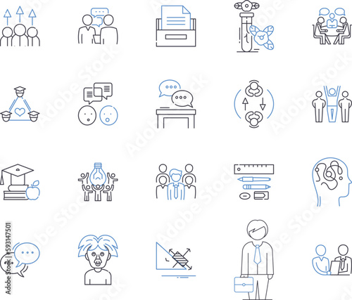 workshops and sessions outline icons collection. workshops, sessions, training, development, learning, education, skills vector and illustration concept set. knowledge, networking, collaboration