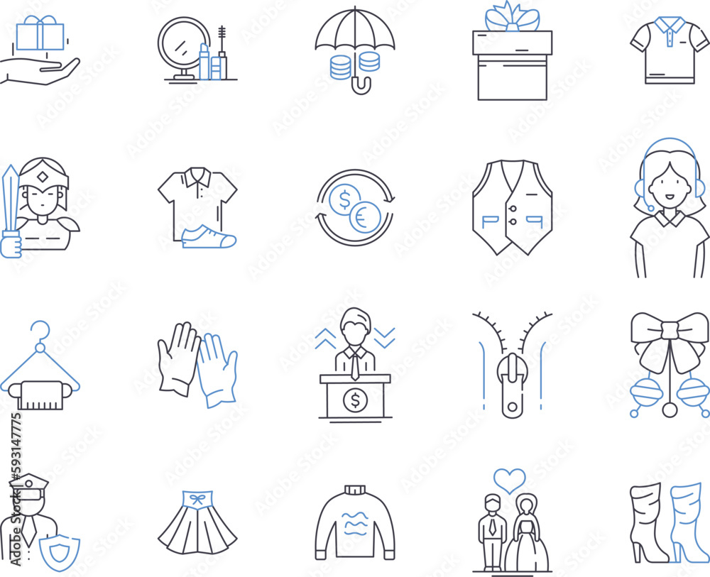Fashion business outline icons collection. Clothing, Footwear, Apparel, Accessories, Style, Trend, Manufacturing vector and illustration concept set. Retail, Wholesale, Design linear signs