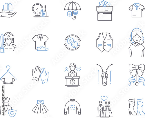 Fashion business outline icons collection. Clothing, Footwear, Apparel, Accessories, Style, Trend, Manufacturing vector and illustration concept set. Retail, Wholesale, Design linear signs © michael broon