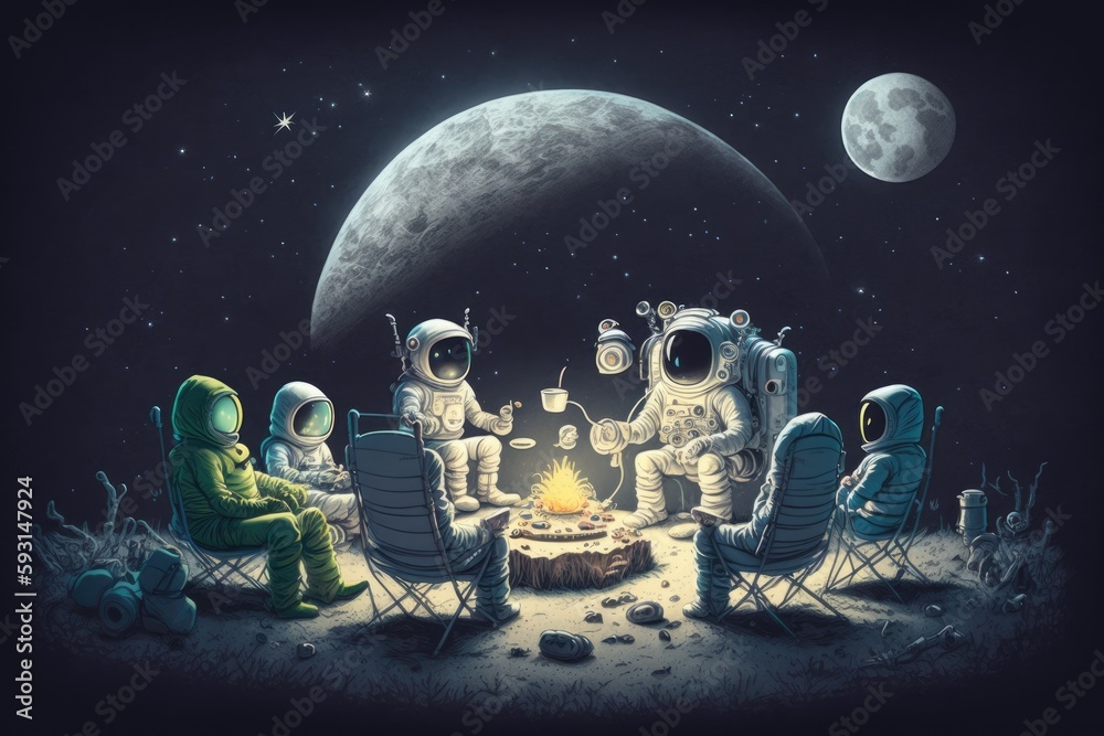 An illustration of astronauts and aliens relaxing together on the moon. Generative AI