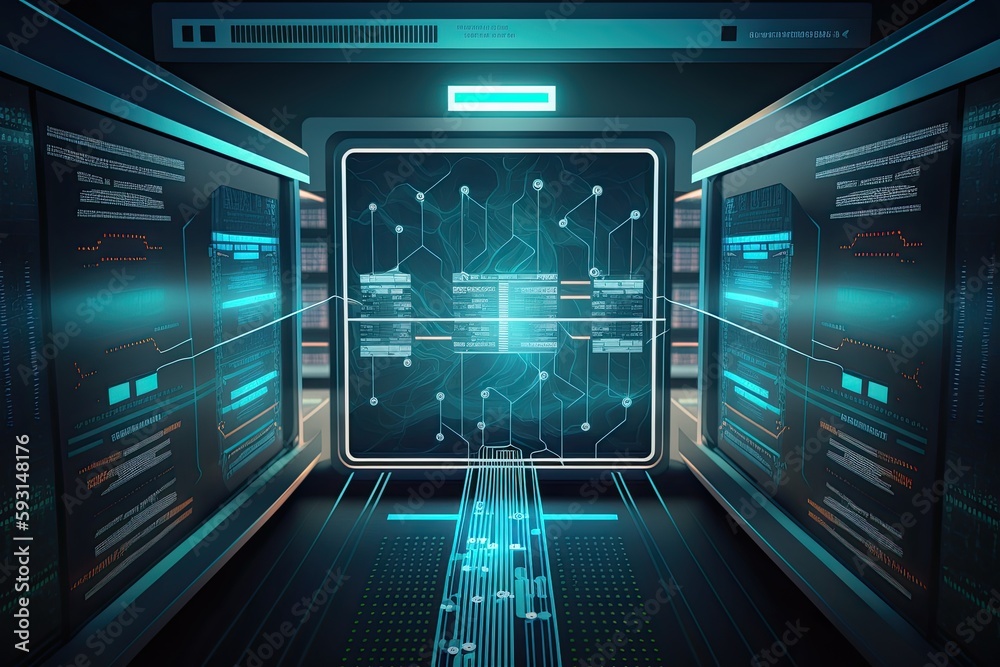 Image showing data processing and scope scanning in a server room. Digitally produced concept graphic of global technology, computers, and digital interface. Generative AI Image showing data processing and scope scanning in a server room. Digitally produced concept graphic of global technology, computers, and digital interface. Generative AI