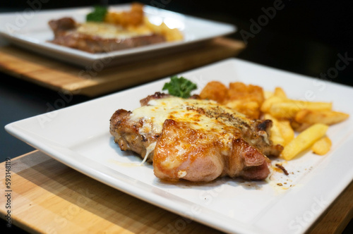 Dinner, Chicken steak, French fries and sauce.