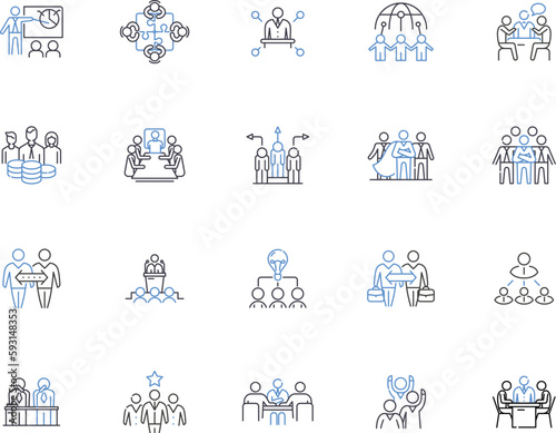 Meeting outline icons collection. Conclave, Conference, Forum, Gathering, Dialogue, Symposium, Rendezvous vector and illustration concept set. Assemblage, Caucus, Colloquy linear signs