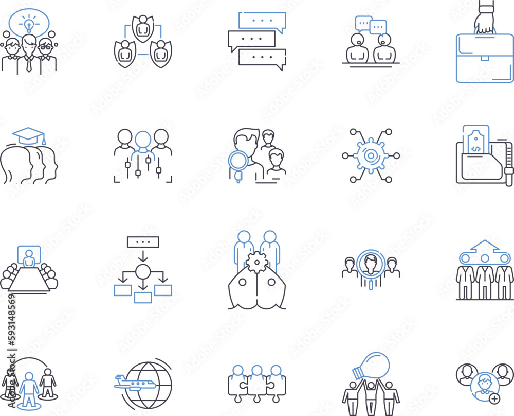 Business meeting outline icons collection. Business, Meeting, Conference, Gather, Committee, Strategy, Network vector and illustration concept set. Plan, Agenda, Negotiate linear signs