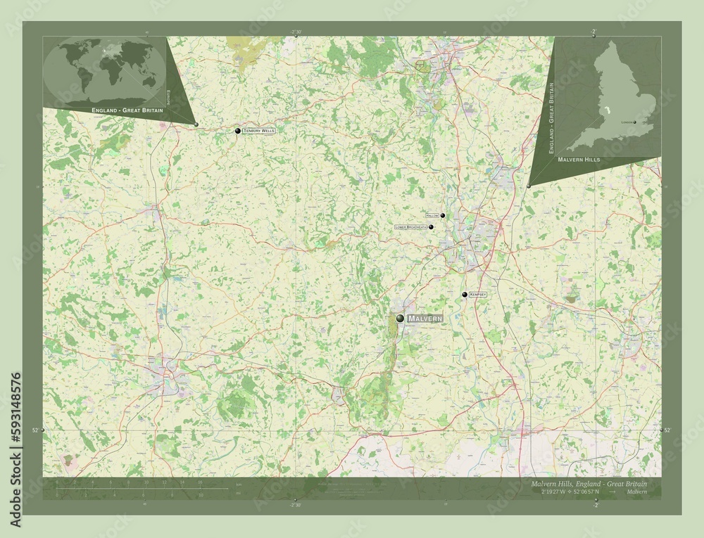 Fototapeta premium Malvern Hills, England - Great Britain. OSM. Labelled points of cities