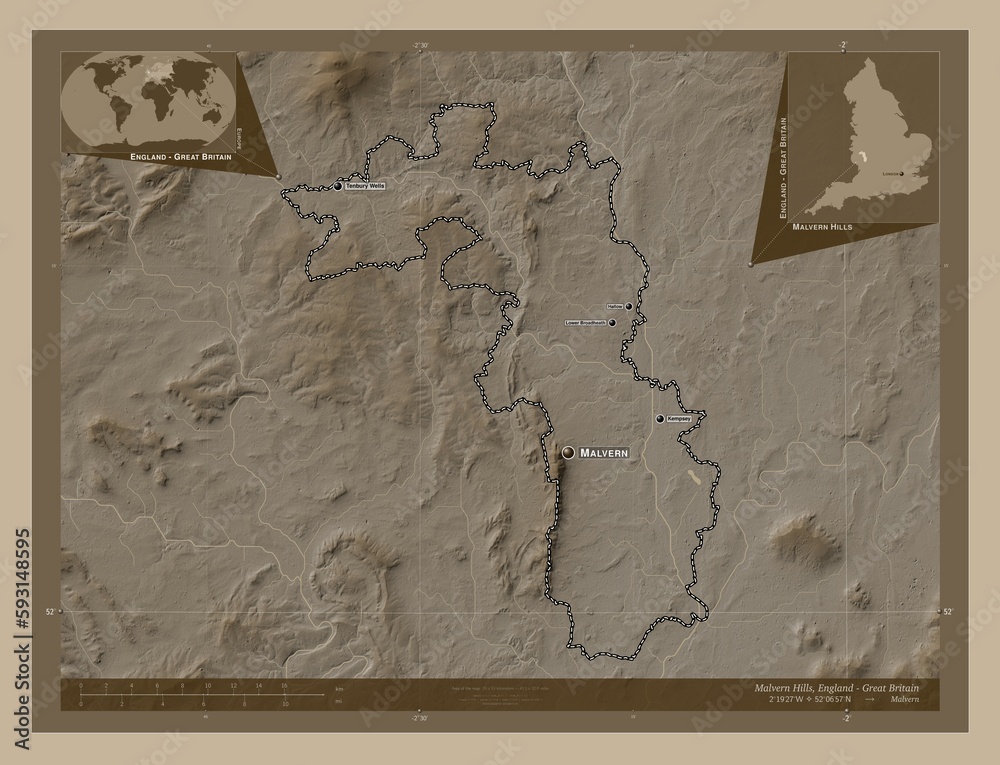 Obraz premium Malvern Hills, England - Great Britain. Sepia. Labelled points of cities