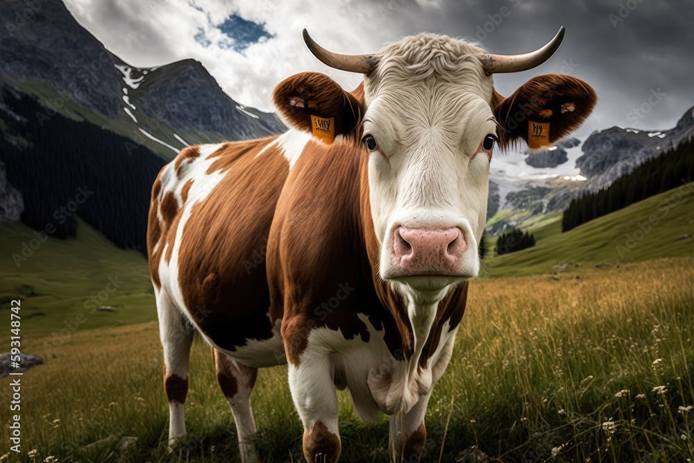 A brown and white cow is shown up close on a lush alpine meadow. superior photograph. Generative AI - obrazy, fototapety, plakaty 