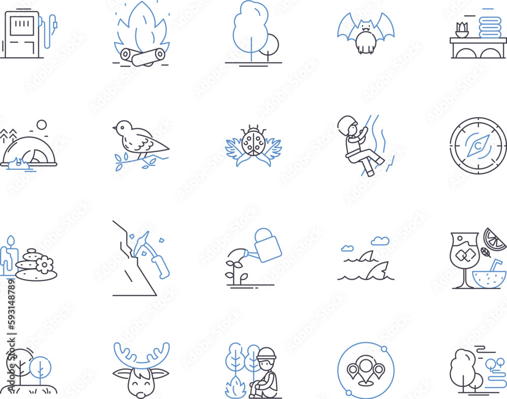 Wild nature trek outline icons collection. forest, trekking, wild, outdoors, adventure, hiking, nature vector and illustration concept set. wilderness, trees, landscape linear signs Wild nature trek outline icons collection. forest, trekking, wild, outdoors, adventure, hiking, nature vector and illustration concept set. wilderness, trees, landscape linear signs