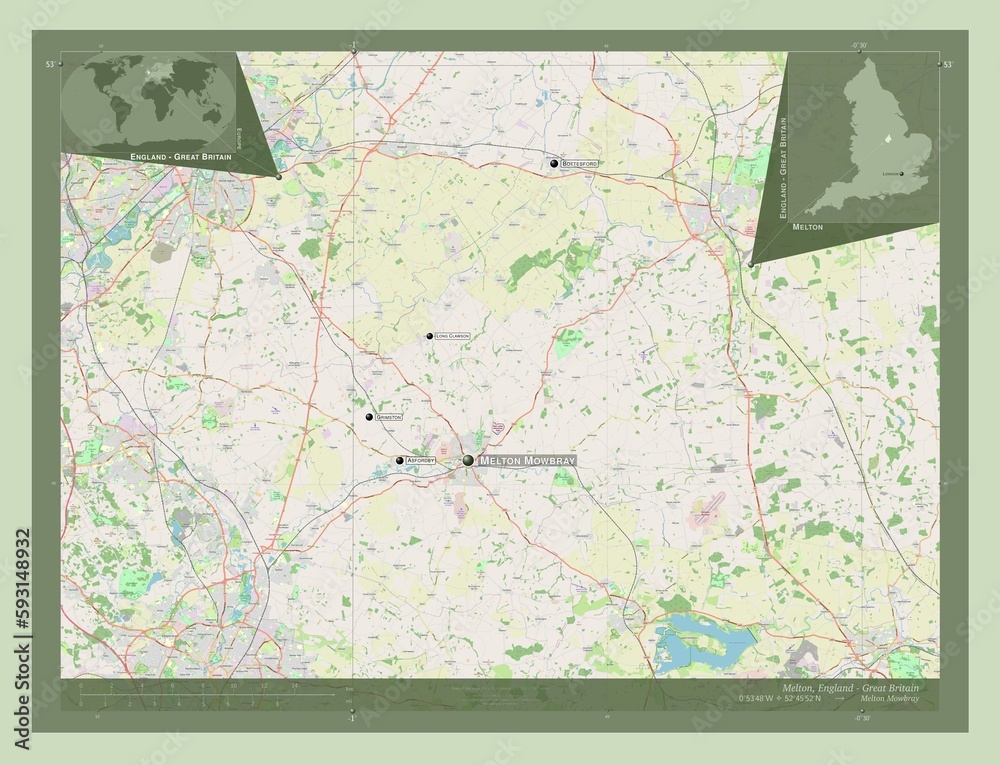 Fototapeta premium Melton, England - Great Britain. OSM. Labelled points of cities
