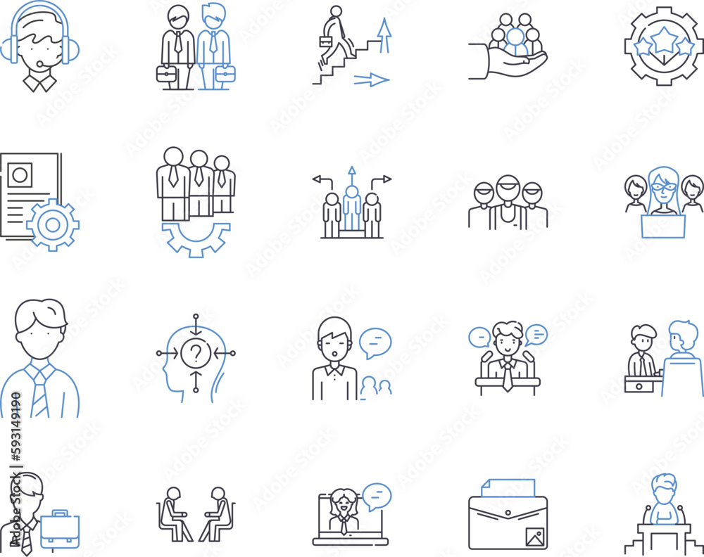 Career and management outline icons collection. Career, Management, Professional, Job, Employment, Advancement, Success vector and illustration concept set. Resume, Networking, Industry linear signs