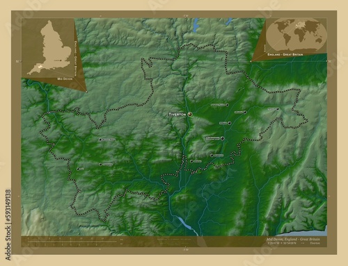 Mid Devon, England - Great Britain. Physical. Labelled points of cities