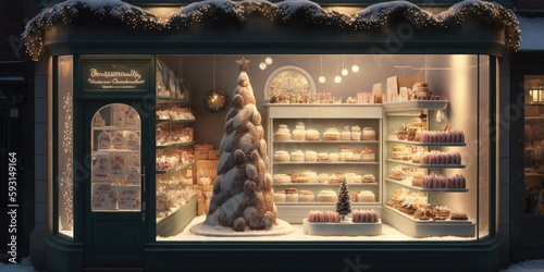 Christmas decorations and a bakery showcase. Christmas tree with lights and holiday decorations close to a cafe. Generative AI