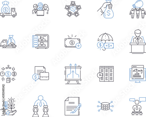 International finance outline icons collection. Finance, International, Global, Trading, Investing, Payments, Banking vector and illustration concept set. Cross-border, Currency, Recession linear