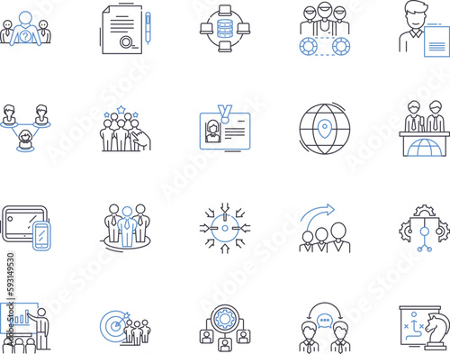 Business meeting outline icons collection. Business, Meeting, Conference, Gather, Committee, Strategy, Network vector and illustration concept set. Plan, Agenda, Negotiate linear signs
