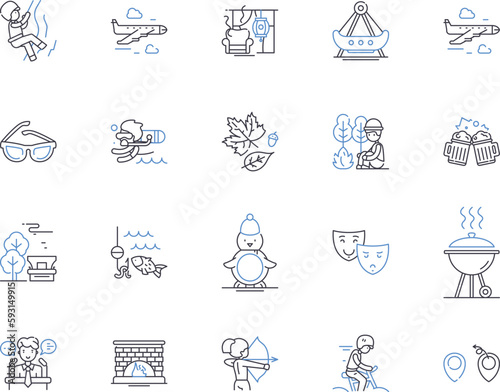 Leisure and christmas outline icons collection. Christmas, Leisure, Shopping, Decorating, Trees, Gifts, Trees vector and illustration concept set. Snowman, Holidays, Celebrations linear signs