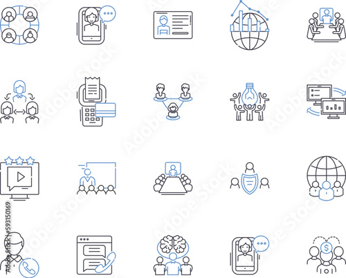 Startup Ecosystems outline icons collection. Incubators, Accelerators, Seed, Funding, Mentoring, VCs, Angel vector and illustration concept set. Investors, Entrepreneurs, Tech linear signs photo