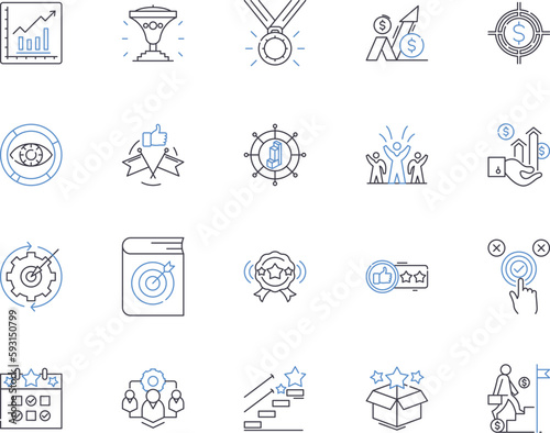 Business goals outline icons collection. strategy, finance, profitability, growth, sales, expansion, targets vector and illustration concept set. objectives, innovation, marketing linear signs