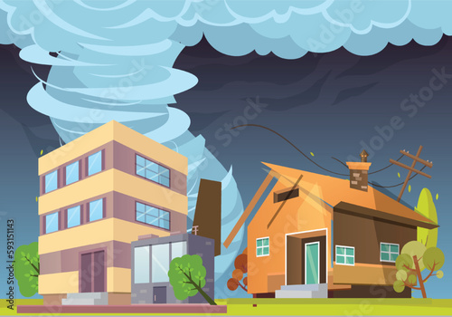 Strong and Tornado Destroy City Hurricane Damaging Town and village, Storm Waterspout Twister Between Buildings Natural Disaster .
