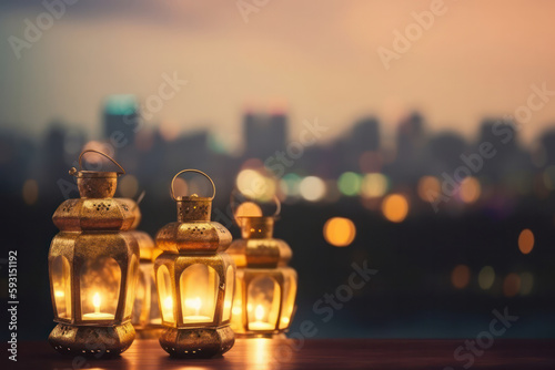 The warm and welcoming ambiance of a beautifully decorated Eastern mosque, with lanterns and candles, creates a peaceful atmosphere for prayer and reflection during Ramadan Kareem. Ai Generative